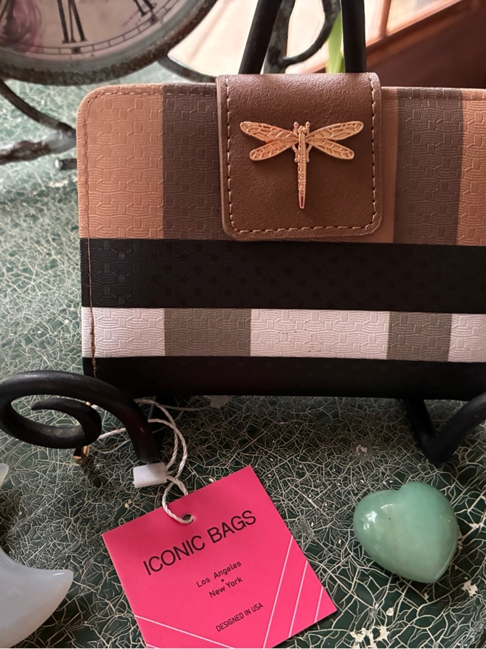 ICONIC Striped Dragonfly Accent Wallet in Beige, Brown & Black